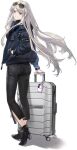  ankle_boots artist_request azur_lane black_footwear blue_eyes blue_jacket boots denim enterprise_(azur_lane) eyewear_on_head highres jacket jeans long_hair official_alternate_costume pants silver_hair smile suitcase transparent_background very_long_hair watch watch 