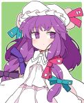  1girl bangs blue_ribbon commentary_request dress eyebrows_visible_through_hair green_background hair_ribbon hat hat_ribbon ini_(inunabe00) long_hair mob_cap patchouli_knowledge pink_ribbon purple_hair ribbon simple_background solo star_(symbol) touhou upper_body violet_eyes white_dress white_headwear 