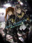  2girls bangs black_gloves black_legwear black_skirt brown_eyes brown_hair character_name commentary_request copyright_name expressionless feet_out_of_frame fingerless_gloves girls_frontline gloves grey_hair gun h&amp;k_ump45 h&amp;k_ump9 hair_between_eyes hair_ornament hairclip highres holding holding_gun holding_weapon jacket knee_pads long_hair looking_at_viewer multiple_girls one_side_up pantyhose pleated_skirt scar scar_across_eye scar_on_face shirt sister_is_mine9 skirt twintails ump45_(girls&#039;_frontline) ump9_(girls&#039;_frontline) weapon white_shirt 