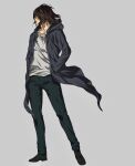  1boy absurdres brown_hair coat cross-laced_slit daisx_(dais0115) eren_yeager full_body hair_over_eyes hands_in_pockets highres hooded_coat long_hair looking_to_the_side male_focus official_style open_clothes open_coat pants shingeki_no_kyojin solo standing 