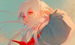  1boy androgynous artist_name clouds crossdressing hair_between_eyes highres lips long_eyelashes looking_afar male_focus neckerchief original outdoors red_eyes red_neckerchief sky solo touching_ears white_hair xxkakubixx 