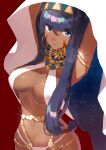  1girl a_shika armlet bangs blue_eyes blunt_bangs breasts commentary_request dark-skinned_female dark_skin facial_mark fate/grand_order fate_(series) hairband jewelry long_hair navel nitocris_(fate) parted_lips purple_hair red_background simple_background stomach tan 