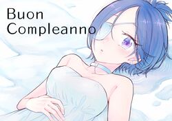  1girl bare_shoulders blush breasts chiren choker chrome_dokuro collarbone dress eyepatch happy_birthday highres katekyo_hitman_reborn looking_at_viewer lying on_back open_mouth purple_hair short_hair solo violet_eyes white_dress 