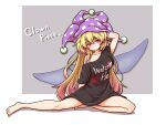  1girl barefoot black_shirt blonde_hair breasts clownpiece fairy fairy_wings hat hecatia_lapislazuli highres jester_cap long_hair medium_breasts off-shoulder_shirt off_shoulder pink_eyes plaid plaid_skirt polka_dot shirt shitacemayo simple_background skirt solo t-shirt touhou very_long_hair white_background wings 