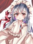  1girl absurdres ascot bat_wings blush crying crying_with_eyes_open dress frills fura_(wind_rahu) hat hat_ribbon highres long_hair looking_at_viewer mob_cap red_eyes remilia_scarlet ribbon solo tears touhou wings 