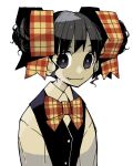  1girl black_eyes black_hair bow bowtie checkered_bow checkered_bowtie checkered_clothes checkered_ribbon clothing_request commentary double_bun doukyuusei_2 doukyuusei_another_world dowman_sayman fang fang_out hair_ribbon highres looking_at_viewer narusawa_yui ribbon simple_background smile solo white_background 