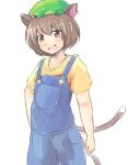  1girl :d alternate_costume animal_ears blush brown_eyes brown_hair cat_ears cat_tail chen earrings fang ginnkei green_headwear hat highres jewelry looking_at_viewer multiple_tails nekomata open_mouth overalls shirt short_hair simple_background single_earring smile solo tail touhou white_background 