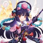  1girl bangs black_hair blunt_bangs capelet commentary_request eyebrows_visible_through_hair eyeshadow genshin_impact hair_ornament hairband highres holding holding_polearm holding_weapon hyny lolita_hairband long_hair long_sleeves looking_at_viewer makeup polearm red_eyes sidelocks smile solo vision_(genshin_impact) weapon yun_jin_(genshin_impact) zoom_layer 