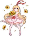 1girl amae_koromo artist_request bag bare_shoulders blonde_hair blue_eyes bouquet bow child dress eyebrows_visible_through_hair flower game_cg holding holding_flower looking_at_viewer mahjong_soul official_art petals pink_dress red_bow saki simple_background smile sunflower thigh-highs third-party_source transparent_background yostar 