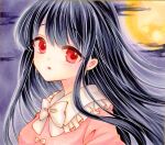  1girl bangs black_hair blush bow bowtie eyebrows_visible_through_hair frilled_shirt_collar frills highres houraisan_kaguya long_hair looking_at_viewer moon night night_sky parted_lips pink_shirt red_eyes shirt sky solo touhou traditional_media upper_body yuuki_hana_(jtnp5334) 