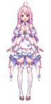  1girl :d ahoge bangs bare_shoulders blue_flower breasts chyoling commentary_request detached_sleeves dress eyebrows_visible_through_hair flower full_body gradient_hair hair_flower hair_ornament highres indie_virtual_youtuber kana_arora long_hair looking_at_viewer medium_breasts multicolored_hair official_art pink_hair puffy_short_sleeves puffy_sleeves purple_hair short_sleeves simple_background smile solo standing thigh-highs very_long_hair violet_eyes virtual_youtuber white_background white_dress white_flower white_legwear white_sleeves wrist_cuffs 