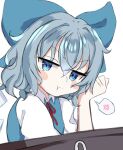  1girl anger_vein angry bangs blue_bow blue_dress blue_eyes blue_hair blush bow cirno collared_shirt dress eyebrows_visible_through_hair fairy_wings flat_chest hair_bow hand_on_own_face highres hoshizora_gabugabu ice ice_wings neck_ribbon pinafore_dress pout pouty_lips puffy_short_sleeves puffy_sleeves red_ribbon ribbon shirt short_hair short_sleeves solo touhou white_background white_shirt wings 