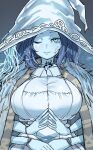  1girl akitokage01 bangs blue_eyes blue_hair blue_skin breasts cloak colored_skin cracked_skin doll_joints dress elden_ring extra_arms fur_cloak glowing_tattoo grin hat joints large_breasts large_hat long_hair looking_at_viewer one_eye_closed parted_bangs ranni_the_witch smile solo white_dress white_headwear witch witch_hat 