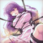  1girl asai_ichiko bangs breasts bright_pupils brown_eyes brown_hair cross-laced_footwear eyebrows_visible_through_hair highres hijiri_byakuren juliet_sleeves large_breasts long_sleeves looking_at_viewer open_mouth puffy_sleeves purple_hair restrained solo tears touhou white_pupils 