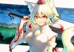  1girl animal_ears blush breasts detached_sleeves fang hat highres inubashiri_momiji large_breasts looking_at_viewer outdoors over_shoulder pom_pom_(clothes) qqqrinkappp red_eyes ribbon_trim shirt short_hair silver_hair skin_fang solo sword tail tokin_hat touhou traditional_media weapon weapon_over_shoulder white_shirt wolf_ears 