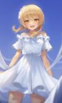  1girl :d absurdres bangs bare_shoulders blonde_hair blue_background blush cowboy_shot dress duyu eyebrows_visible_through_hair floating_hair genshin_impact highres light_particles long_hair looking_at_viewer lumine_(genshin_impact) off-shoulder_dress off_shoulder short_sleeves smile solo standing teeth upper_teeth white_dress yellow_eyes 
