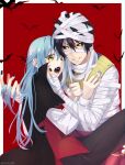  1boy 1other \||/ absurdres androgynous bandages bangs bat black_cloak black_hair black_nails black_pants black_sclera blue_hair blue_nails cloak colored_sclera commentary_request diablo_(tensei_shitara_slime_datta_ken) fangs grin halloween halloween_costume hand_in_another&#039;s_hair hand_on_another&#039;s_face highres looking_at_viewer multicolored_hair mummy_costume open_mouth outside_border pants red_background red_vest redhead rimuru_tempest shirt simple_background smile ss023xx streaked_hair tensei_shitara_slime_datta_ken tongue twitter_username vampire_costume vest white_shirt yellow_eyes 