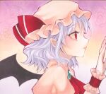  1girl ascot bat_wings brooch from_side gradient gradient_background hat hat_ribbon highres jewelry light_blue_hair mob_cap pointy_ears profile puffy_sleeves red_eyes remilia_scarlet ribbon short_hair solo touhou upper_body wings wrist_cuffs yuuki_hana_(jtnp5334) 