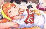  1girl blonde_hair breasts closed_eyes dragon_tail facing_viewer fang highres hololive horns kiryu_coco large_breasts long_hair lying multicolored_hair on_back orange_hair parted_lips sakuramochi_(sakura_frappe) skin_fang sleeping solo tail translation_request virtual_youtuber 