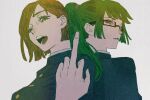  2girls glasses green_hair highres jujutsu_kaisen jujutsu_tech_uniform kugisaki_nobara middle_finger multiple_girls open_mouth pecopecosupipi ponytail simple_background teeth white_background zen&#039;in_maki 