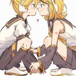  1boy 1girl bare_shoulders blonde_hair blush bow clothes_grab detached_sleeves eye_contact face-to-face from_side hair_bow hair_ornament hairclip headphones headset heart highres kagamine_len kagamine_rin knees leg_warmers looking_at_another m0ti nervous noses_touching number_tattoo sailor_collar shirt short_sleeves shorts shoulder_tattoo sketch sleeve_grab sleeveless sleeveless_shirt smile squatting tattoo twitter_username vocaloid wavy_mouth 