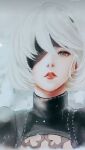  1girl expressionless face grey_background hair_between_eyes highres kamechan0808 lips looking_at_viewer mole mole_under_mouth nier_(series) nier_automata nose nostrils parted_lips portrait short_hair simple_background solo turtleneck upper_body white_hair yorha_no._2_type_b 
