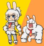  1boy 1g angry animal_ears banana blue_eyes buck_teeth charisuke crop_top crossover food fruit furry furry_female furry_male gorilla highres hybrid kemono_friends mario_+_rabbids_kingdom_battle necktie parody rabbid rabbid_kong rabbit_ears raving_rabbids super_mario_bros. surprised teeth white_hair 