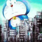 1boy animal bell blue_eyes cat closed_mouth commentary_request doraemon doraemon_(character) looking_down male_focus mochizuki_tagosaku neck_bell no_humans outdoors oversized_animal pouch robot sky solo split_mouth whiskers 