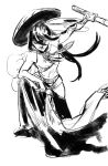  absurdres black_hair crop_top elephant fate/grand_order fate_(series) feathers hat highres long_hair long_sleeves monochrome nakayoshi_saber ponytail sketch starry_diow7 