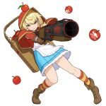 1girl absurdres apple apple_on_head apron bangs basket blonde_hair blue_dress blue_eyes bomb boots capelet dress elf eyebrows_visible_through_hair food fruit game_cg gloves guardian_tales gun highres holding holding_gun holding_weapon official_art pointy_ears red_hood_elvira smirk transparent_background weapon 