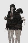  1girl absurdres bangs bare_legs black_hair black_jacket black_skirt bound closed_mouth collared_shirt feet_out_of_frame grey_background highres jacket long_hair long_sleeves necktie original red_necktie shirt simple_background skirt solo string tied_up_(nonsexual) tuoer white_shirt 