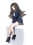  1girl absurdres between_legs blue_jacket brown_eyes brown_hair hand_between_legs highres jacket kokonotsunbai long_hair looking_at_viewer miniskirt original school_uniform shoes short_socks sitting skirt socks solo uniform white_background 