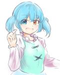  1girl :d alternate_hairstyle blue_eyes blue_hair blue_vest blush ginnkei hand_up heterochromia long_sleeves looking_at_viewer open_mouth red_eyes shirt short_hair simple_background smile solo tatara_kogasa touhou twintails upper_body vest white_background 