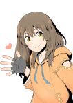  anchor_symbol bangs black_gloves blush brown_hair commentary eyebrows_visible_through_hair fingerless_gloves gloves guilty_gear guilty_gear_strive hair_between_eyes heart hood hoodie long_sleeves looking_at_viewer may_(guilty_gear) medium_hair orange_hoodie ponkotsu smile solo upper_body waving white_background yellow_eyes 