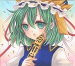  1girl :o bangs blue_vest eyebrows_visible_through_hair gradient gradient_background green_hair hair_between_eyes hat hat_ribbon highres holding holding_stick looking_at_viewer marker_(medium) open_mouth petals red_ribbon ribbon rod_of_remorse shiki_eiki short_hair simple_background solo stick touhou traditional_media upper_body vest yuuki_hana_(jtnp5334) 