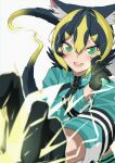  1girl absurdres animal_ear_fluff animal_ears arfox10 arm_up black_gloves black_hair blonde_hair blurry blurry_foreground commentary_request electricity eyebrows eyelashes fighting_stance foreshortening gloves green_eyes hair_between_eyes hand_up highres jacket kemono_friends looking_at_viewer medium_hair multicolored_hair multiple_tails open_mouth outstretched_arm raijuu_(kemono_friends) smile solo tail torn_clothes torn_gloves tsurime two-tone_hair two_tails upper_body v-shaped_eyebrows zipper zipper_pull_tab 