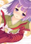  1girl absurdres aqpaca bangs blunt_bangs blush eyebrows_visible_through_hair floral_print from_above hieda_no_akyuu highres japanese_clothes ke-ta_(style) kimono looking_at_viewer lying nose_blush on_back open_mouth purple_hair short_hair solo touhou violet_eyes 