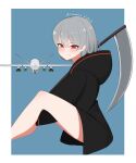  1girl artist_name atamonica blush dated drone highres hood hoodie looking_at_viewer military mq-9_reaper original personification red_eyes scythe short_hair silver_hair smile 