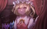  1girl bangs blonde_hair crystal curtains flandre_scarlet frilled_shirt_collar frills hair_between_eyes hasukappu hat indoors looking_at_viewer mob_cap pointy_ears puffy_short_sleeves puffy_sleeves red_eyes red_ribbon red_vest ribbon shirt short_sleeves solo touhou upper_body vest white_headwear wings yellow_neckwear 
