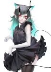  1girl alternate_costume animal_ear_fluff animal_ears bangs black_dress black_hair black_legwear blue_hair breasts cat_ears cowboy_shot demon_girl demon_horns demon_tail doryudory dress elbow_gloves expressionless eyebrows_visible_through_hair fang frilled_dress frills gloves highres horns kemonomimi_mode long_hair looking_at_viewer multicolored_hair parted_lips paw_pose pointy_ears red_eyes shishio_chris simple_background sleeveless sleeveless_dress small_breasts solo sugar_lyric tail thigh-highs two-tone_hair virtual_youtuber white_background white_gloves 