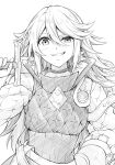 1girl bangs blush fire_emblem fire_emblem_fates gambeson greyscale hair_between_eyes holding holding_sword holding_weapon long_hair long_sleeves looking_at_viewer monochrome puffy_sleeves smile soleil_(fire_emblem) solo sword teeth ten_(tenchan_man) upper_body weapon white_background 