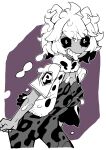  1girl animal_print ashido_mina black_sclera boku_no_hero_academia colored_sclera commentary cropped_jacket dowman_sayman fur_collar highres horns leopard_print looking_at_viewer messy_hair short_hair short_sleeves smile solo tongue tongue_out 