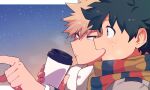  2boys bakugou_katsuki bangs blonde_hair blush boku_no_hero_academia border closed_mouth coffee coffee_cup cup disposable_cup green_eyes highres holding holding_cup looking_at_another male_focus midoriya_izuku multiple_boys open_mouth outdoors pointing red_eyes scarf short_hair sky smile star_(sky) starry_sky upper_body white_border yazakc 