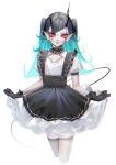  1girl alternate_costume alternate_hairstyle apron bangs black_apron black_gloves black_hair blue_hair breasts cropped_legs demon_girl demon_horns demon_tail doryudory dress enmaided fangs feet_out_of_frame gloves highres horns long_hair looking_at_viewer maid maid_apron multicolored_hair open_mouth pointy_ears puffy_short_sleeves puffy_sleeves red_eyes shishio_chris short_sleeves simple_background small_breasts solo sugar_lyric tail twintails two-tone_hair virtual_youtuber white_background white_dress 