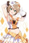  ahoge arm_up armband armpits bangs blush braid breasts commentary crop_top detached_collar gloves green_eyes hair_between_eyes hand_up idolmaster idolmaster_million_live! idolmaster_million_live!_theater_days index_fingers_raised light_blush light_brown_hair looking_at_viewer medium_breasts midriff navel necktie orange_necktie orange_skirt parted_lips sakuramori_kaori short_hair simple_background skirt solo taka_(suigendou) white_background white_gloves white_skirt wrist_cuffs 