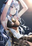  1girl absurdres armpits arms_up bangs bare_arms bell black_legwear blue_hair blush bodysuit breasts eyebrows_visible_through_hair ganyu_(genshin_impact) genshin_impact gold_trim hani_haya highres horns long_hair looking_at_viewer low_ponytail medium_breasts neck_bell parted_lips pelvic_curtain sideboob sidelocks sleeveless solo thighlet violet_eyes 