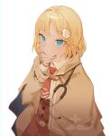  1girl blonde_hair blue_eyes coat hair_ornament hand_on_own_chin highres hololive hololive_english kurokiri6630 medium_hair necktie pocket_watch simple_background solo stethoscope virtual_youtuber watch watson_amelia white_background 