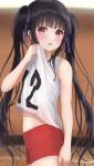 1girl bang_dream! basketball_uniform black_hair blurry blurry_background blush looking_at_another navel number nyubara_reona red_eyes short_shorts solo solo_focus sportswear stomach sweat sweating_profusely twintails very_long_hair wiping_face wiping_sweat
