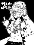  1girl bracelet character_request commentary copyright_request dollar_sign dowman_sayman glasses greyscale hands_up hat headphones high_contrast highres jewelry long_hair looking_at_viewer monochrome necklace ring shirt short_sleeves solo 