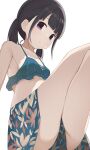  1girl armpits bangs black_hair blue_swimsuit breasts chestnut_mouth crossed_legs eyebrows_visible_through_hair floral_print frilled_swimsuit frills highres hiroki_(yyqw7151) legs light_blush looking_at_viewer low_twintails medium_hair midriff original sideways_glance sitting small_breasts solo swimsuit swimsuit_skirt thighs twintails violet_eyes white_background 